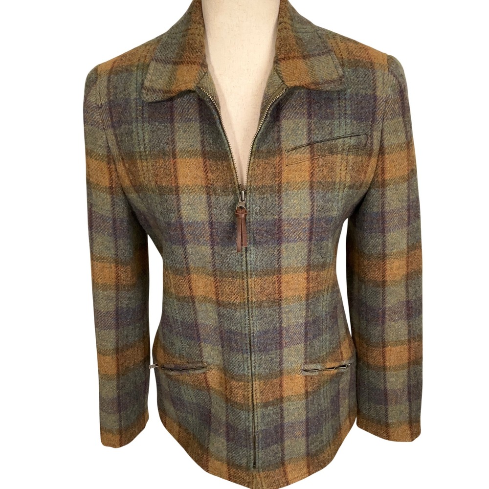 Lauren Ralph Lauren Jacket Women 4 Green Multi Plaid Country Equestrian Zip Wool - Picture 2 of 11